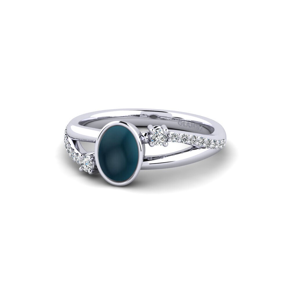 14k Oro Blanco Topacio Azul Londres Cabujón Anillo de compromiso Beriyman - Cabochon Oval