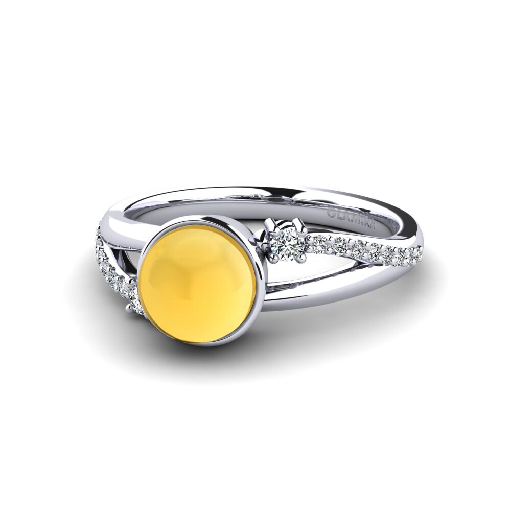 18k Oro Blanco Citrino Cabujón Anillo de compromiso Beriyman - Cabochon Round
