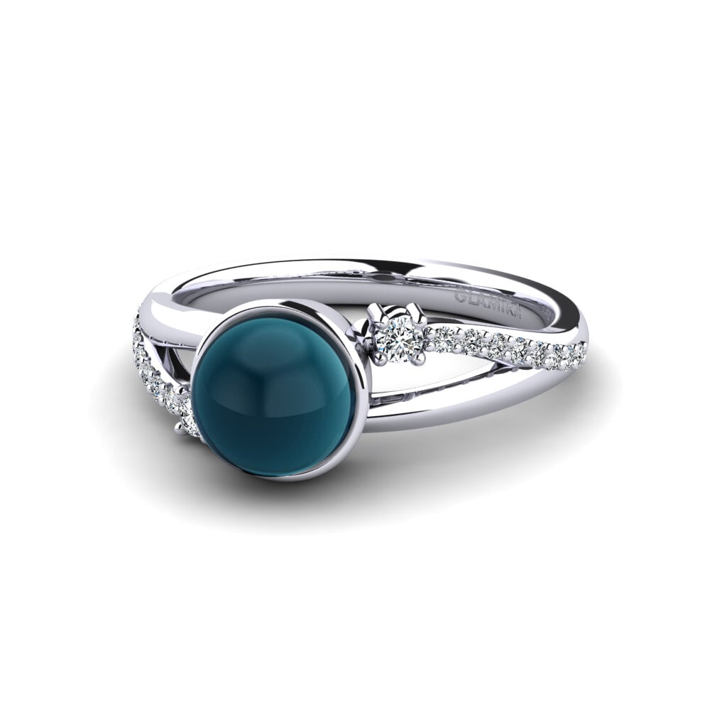 14k Oro Blanco Topacio Azul Londres Cabujón Anillo de compromiso Beriyman - Cabochon Round