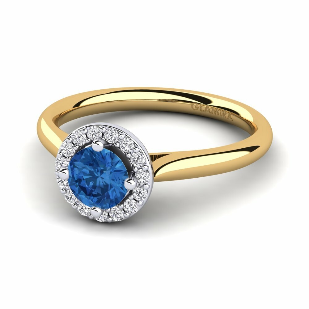 Bagues Or Jaune & Blanc 18k Zircone Bleu Foncé Halo