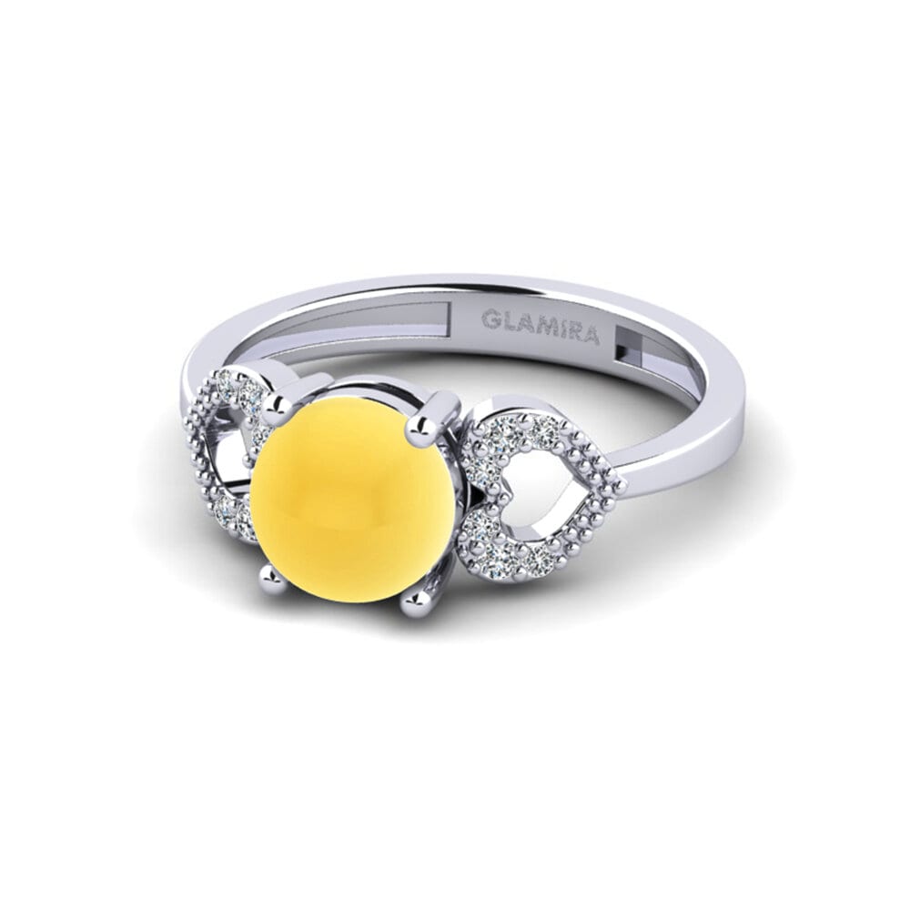 18k Oro Blanco Citrino Cabujón Anillo de compromiso Cabbi - Cabochon Round