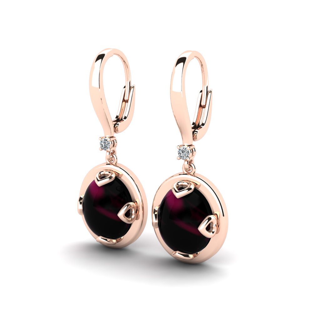 18k Oro Rosa Granate Rhodolite Cabujón Pendiente de mujer Chalise