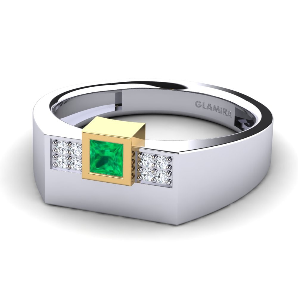 14k Oro Blanco & Amarillo Esmeralda Anillo de Hombre Cledwyn