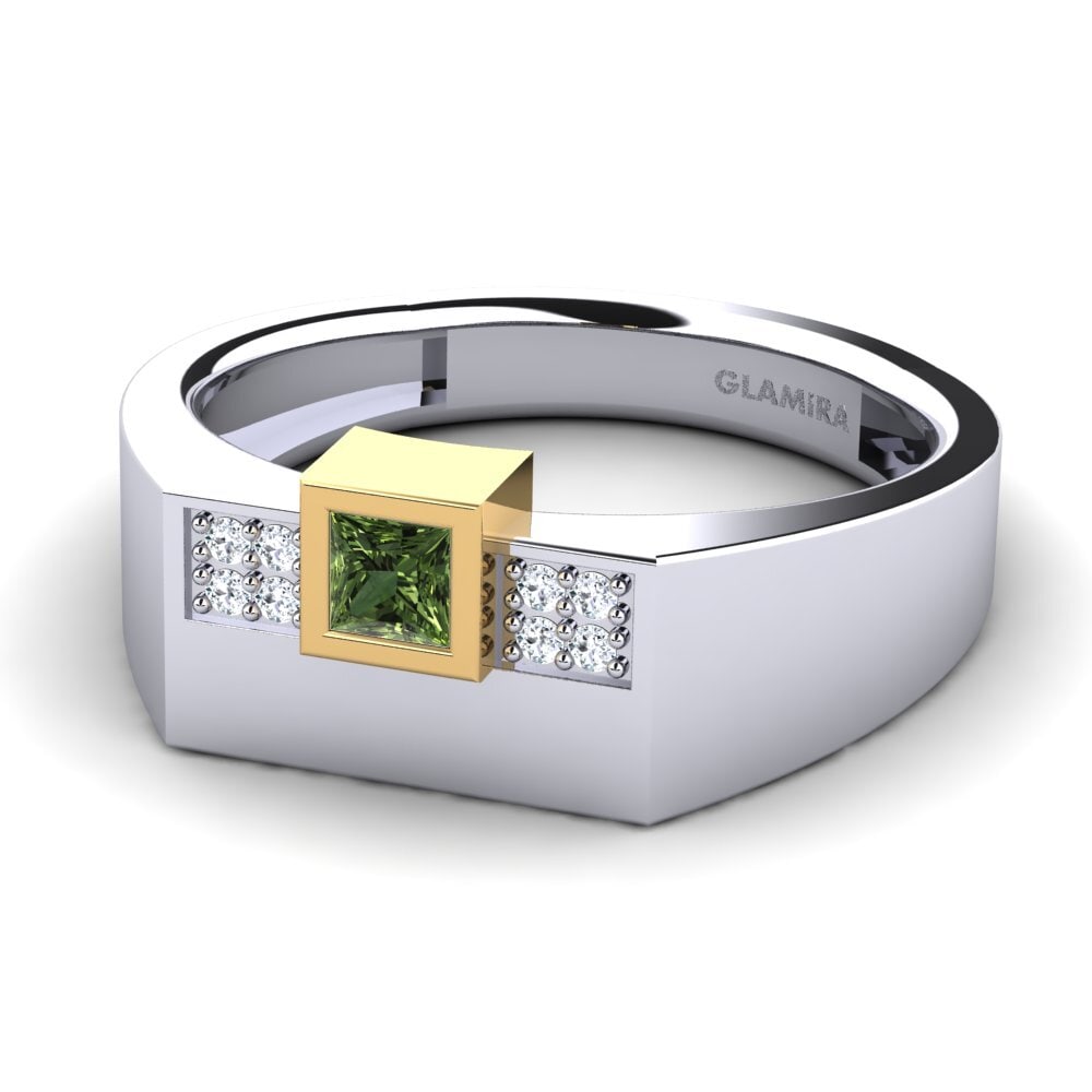 14k Oro Blanco & Amarillo Zafiro Verde Anillo de Hombre Cledwyn