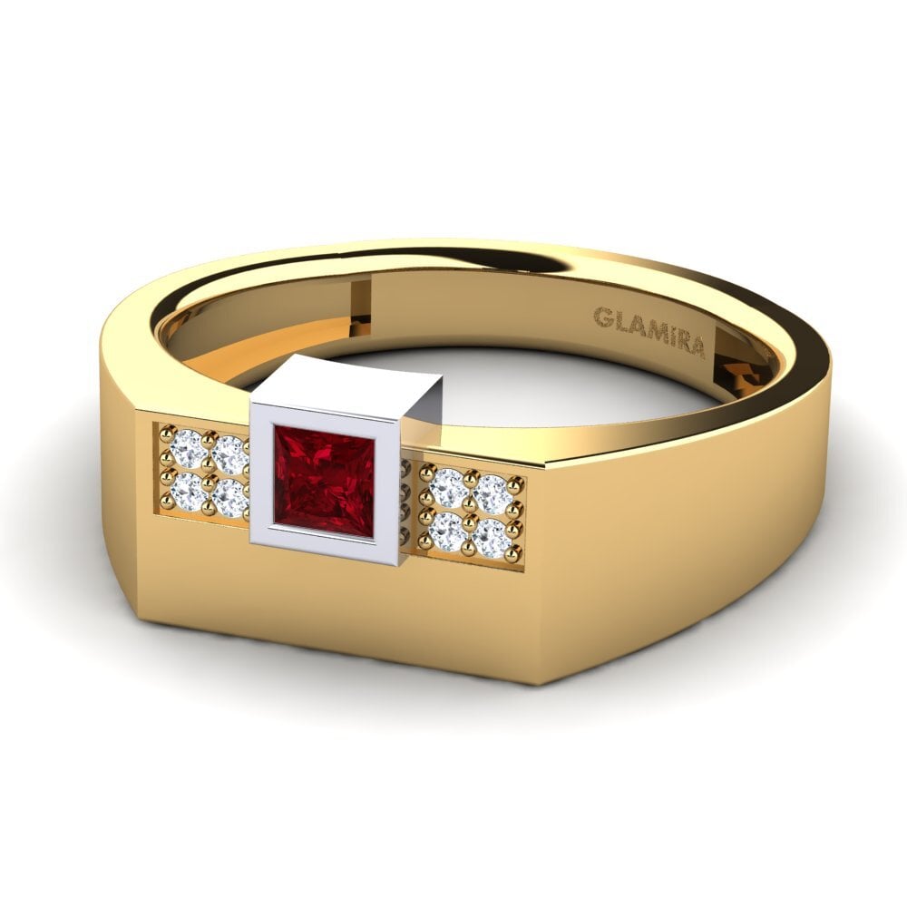 Oro Giallo & Bianco 750 Zircone Rosso Anello da uomo Cledwyn