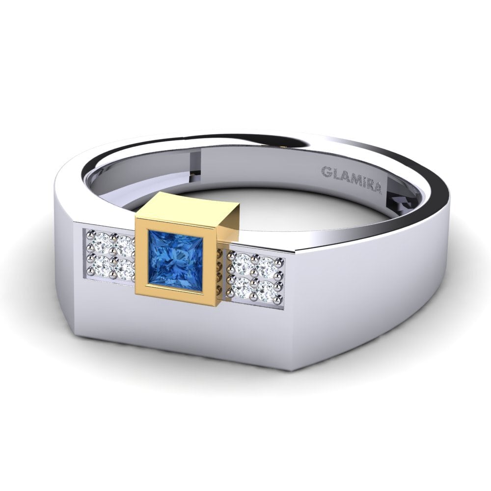 14ct White & Yellow Gold Dark Blue Zirconia Men's Ring Cledwyn