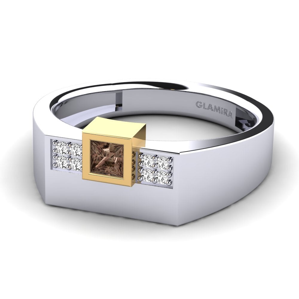 14k Oro Blanco & Amarillo Cuarzo humo Anillo de Hombre Cledwyn