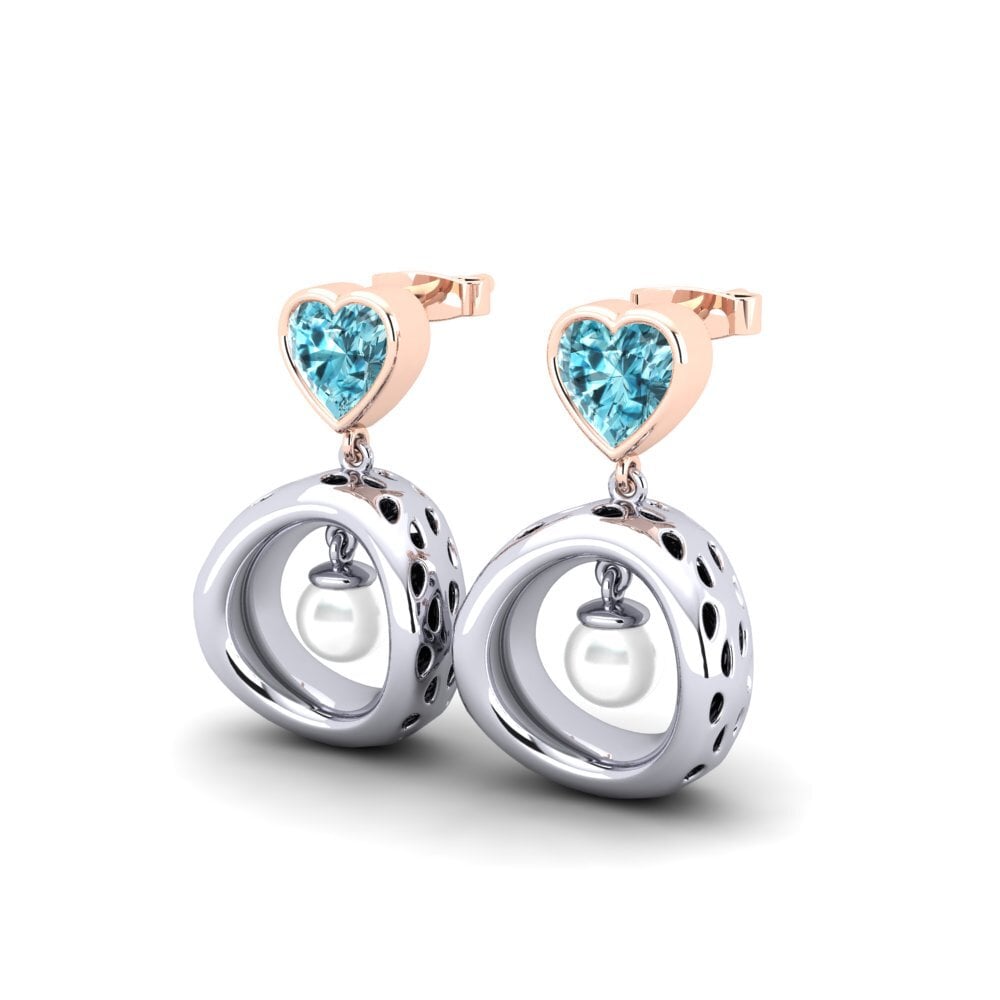 14k Oro Blanco & Rosa Circón Azul Pendiente de mujer Courriera