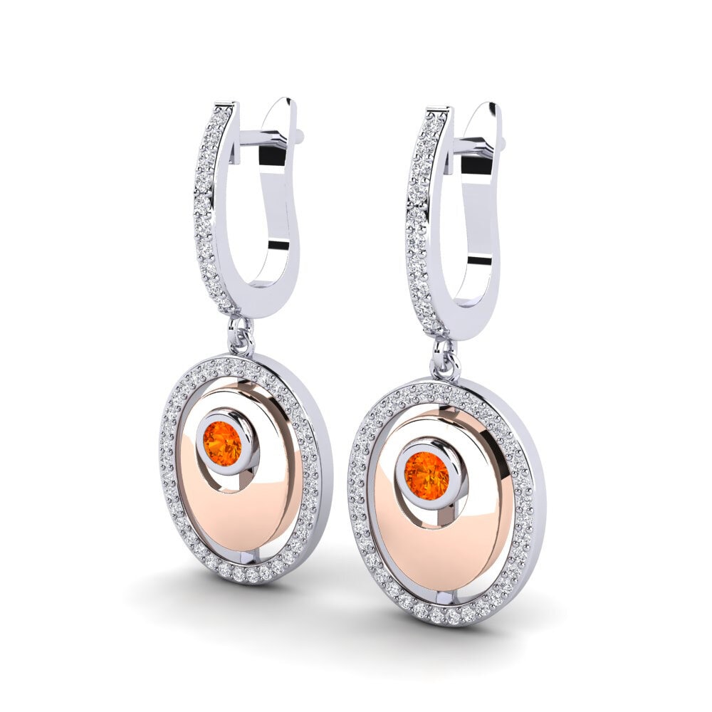 9K White & Rose Gold Orange Sapphire Earring Crisantemo