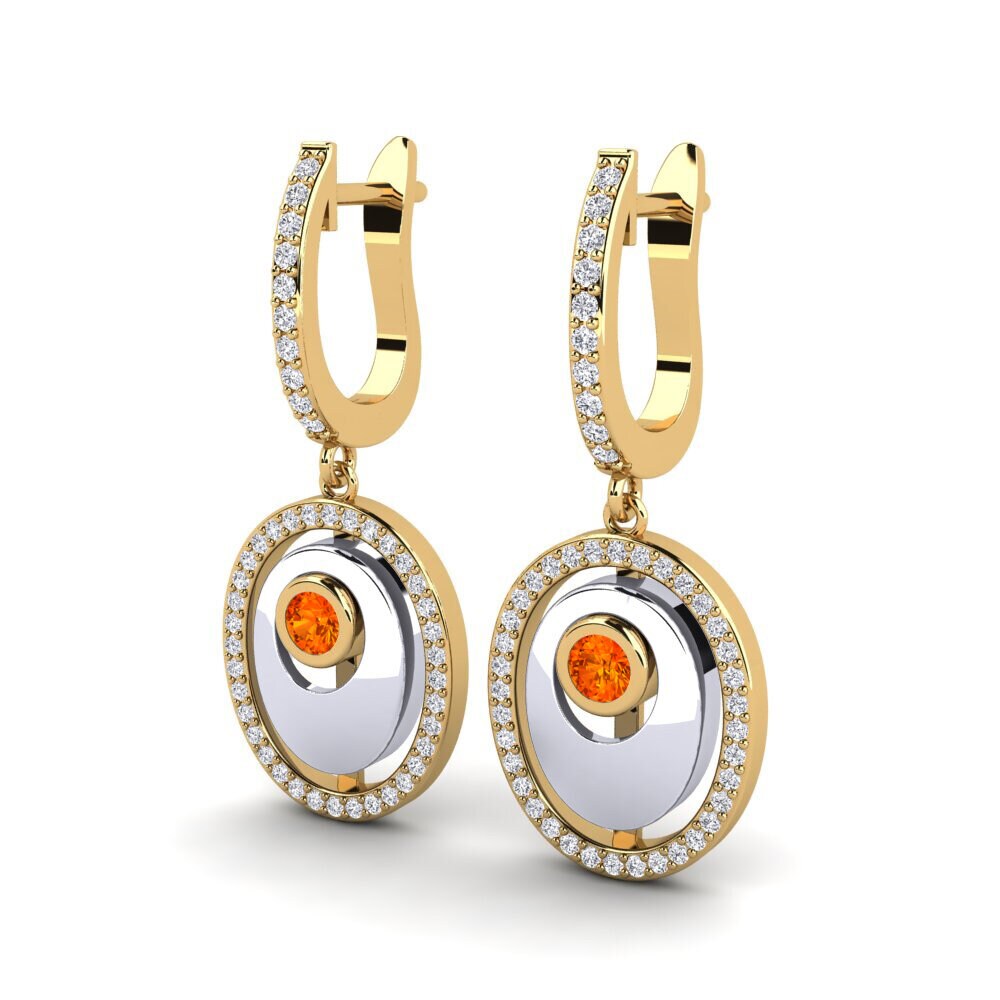 14K Yellow & White Gold Orange Sapphire Earring Crisantemo