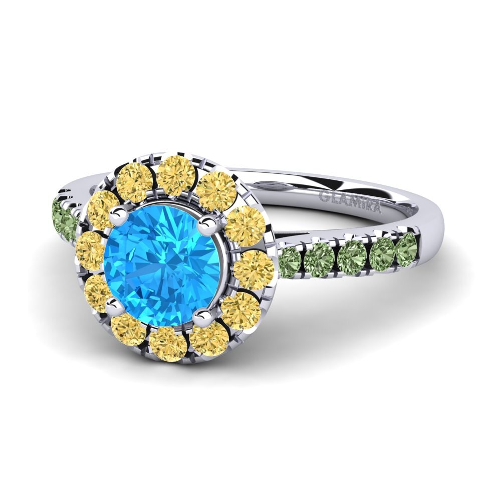 18k Oro Blanco Topacio azul Anillo de compromiso Daisy