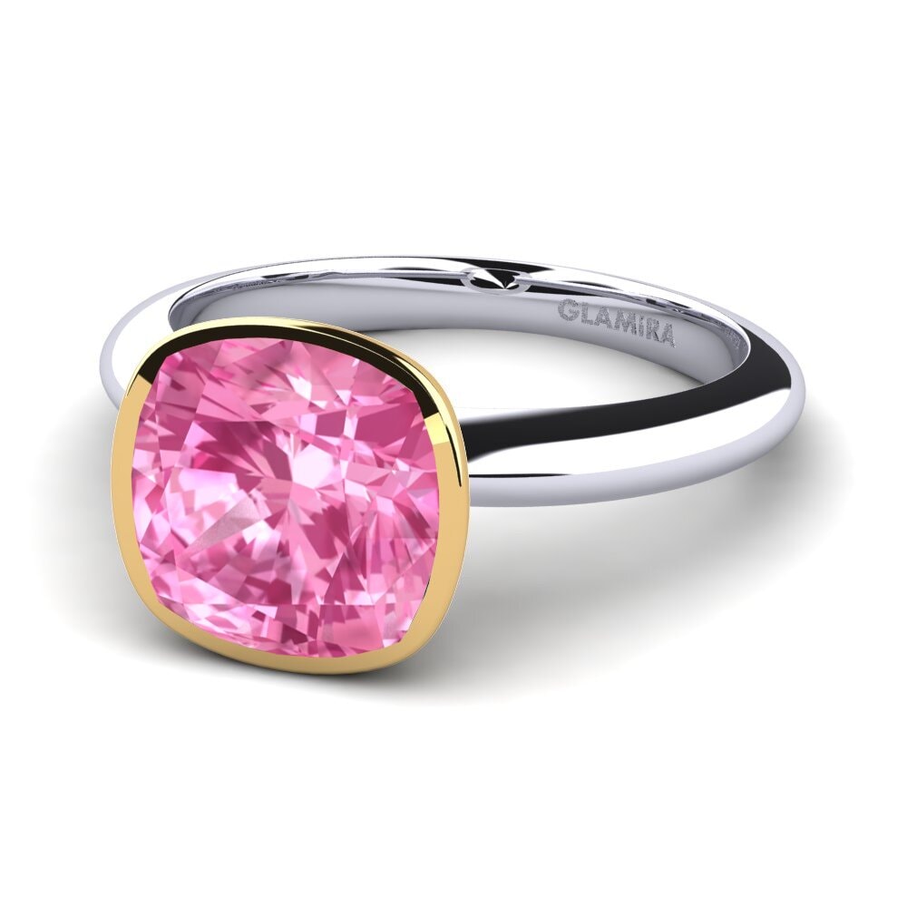 Design Solitaire Różowy Szafir Białe & Żółte Złoto 585 Pierścionki