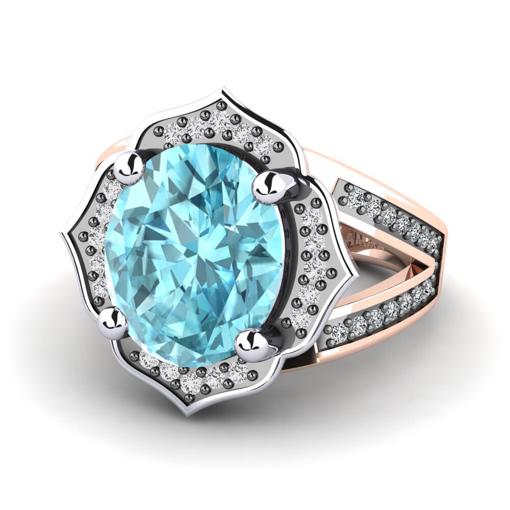 Bagues Or Rose& Blanc 18k Zircon Bleu Mode