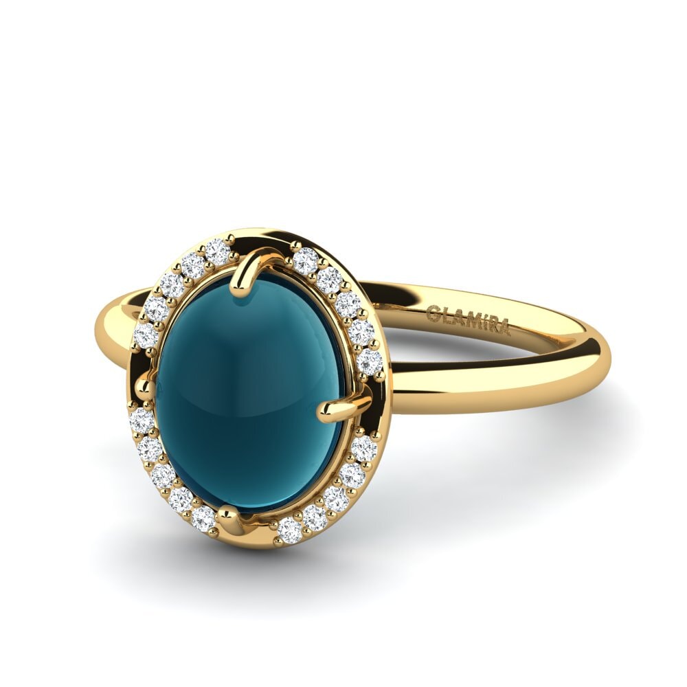 14K Geel Goud Cabochon Blauwe London Topaas Ringen Divyata