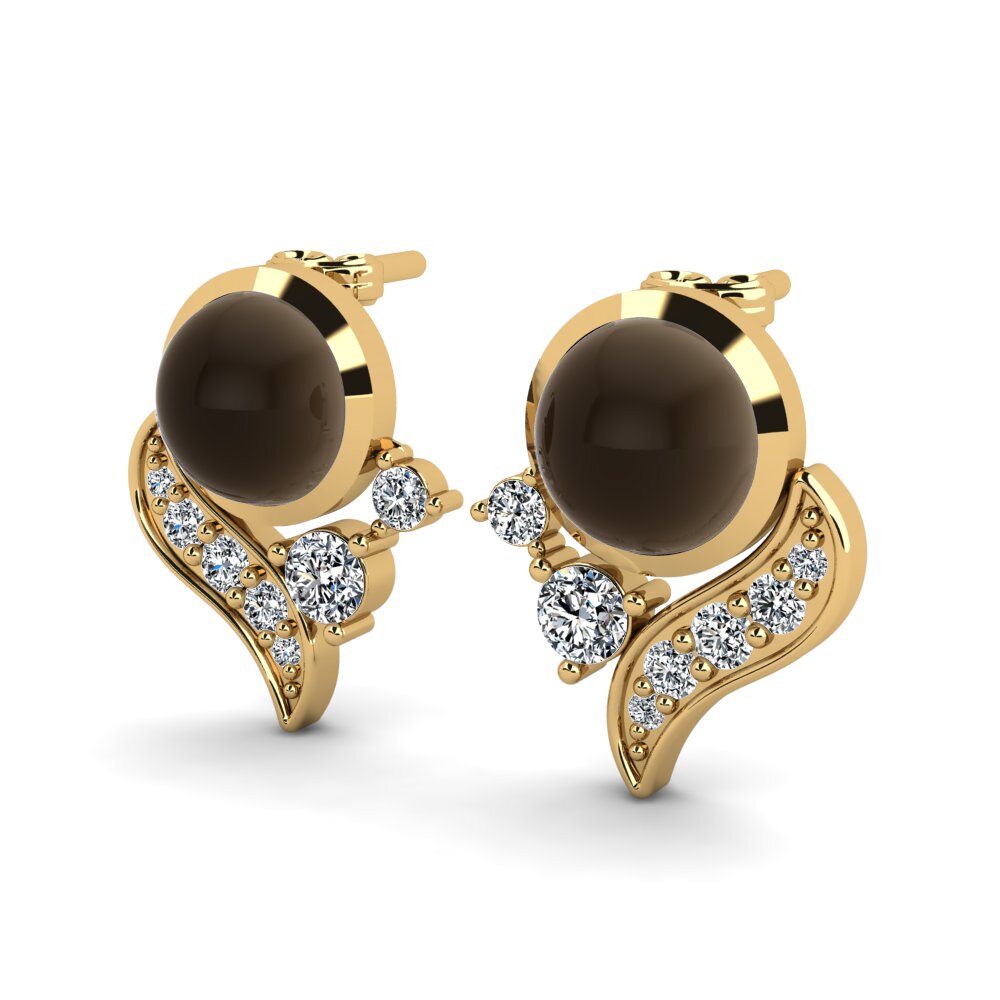14ct Yellow Gold Cabochon Smoky Topaz Women's Earring Dorbeta