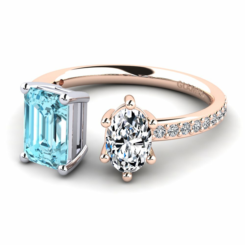 Bagues Or Rose& Blanc 18k Zircon Bleu Toi et Moi