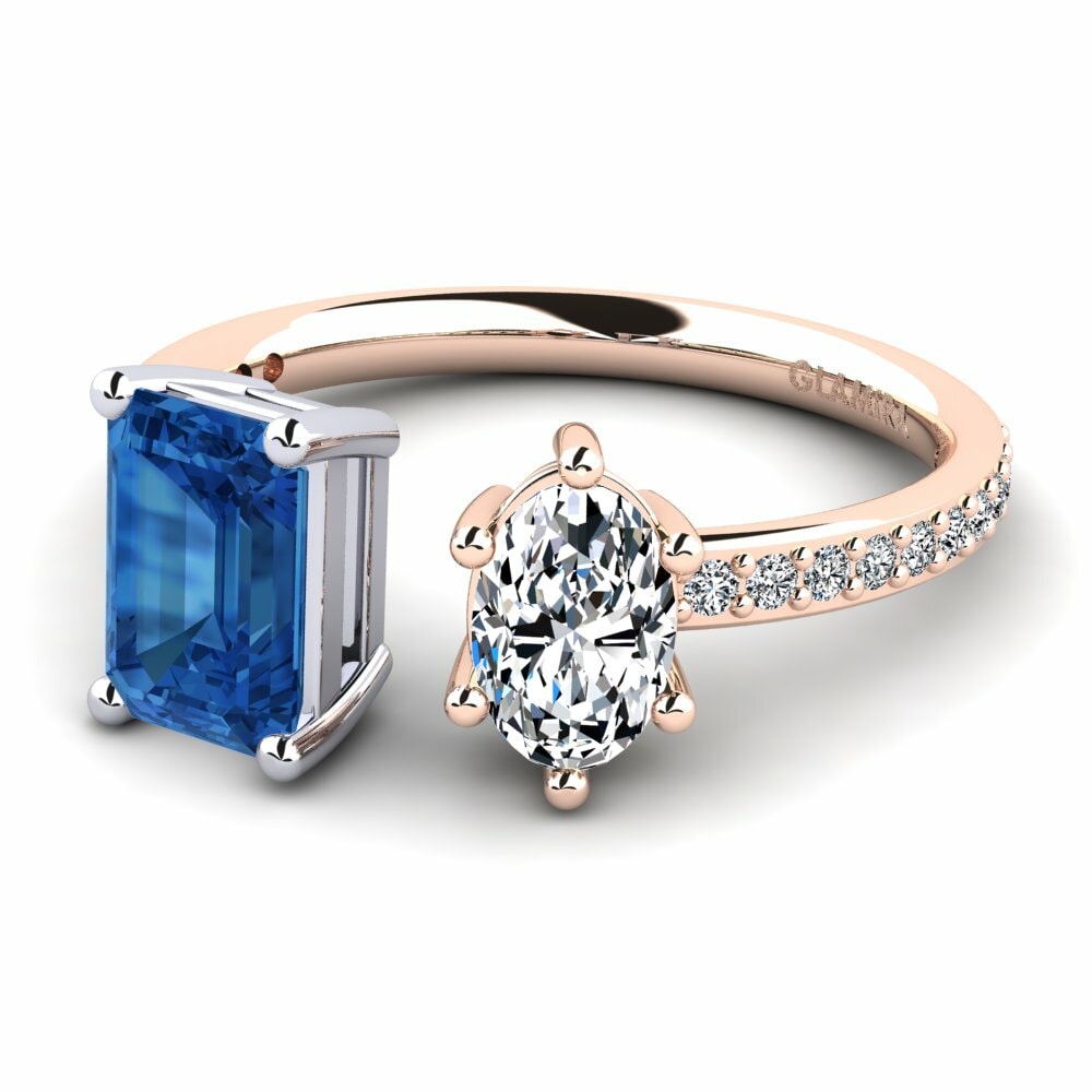 Bagues Or Rose& Blanc 18k Zircone Bleu Foncé Toi et Moi