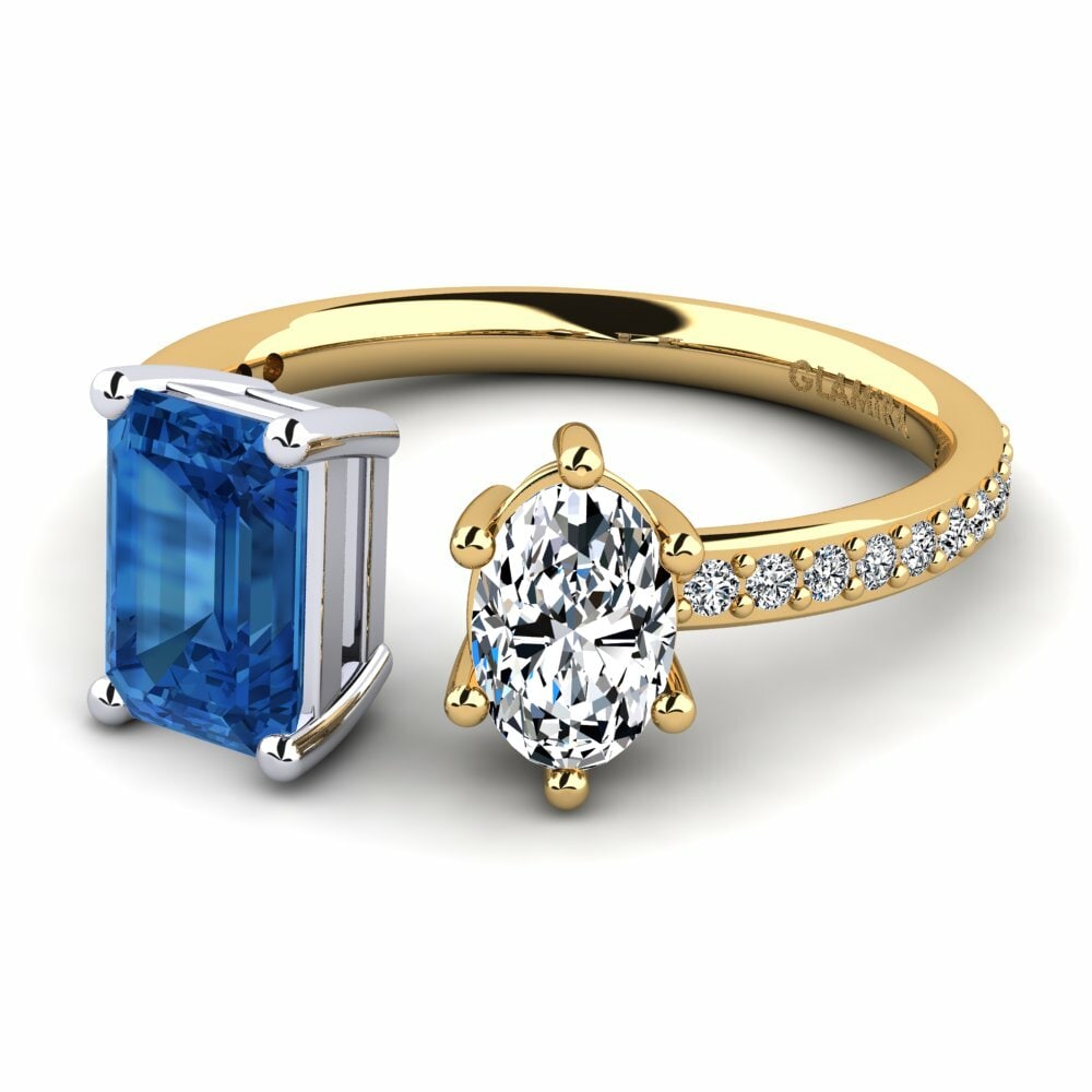 Bagues Or Jaune & Blanc 18k Zircone Bleu Foncé Toi et Moi