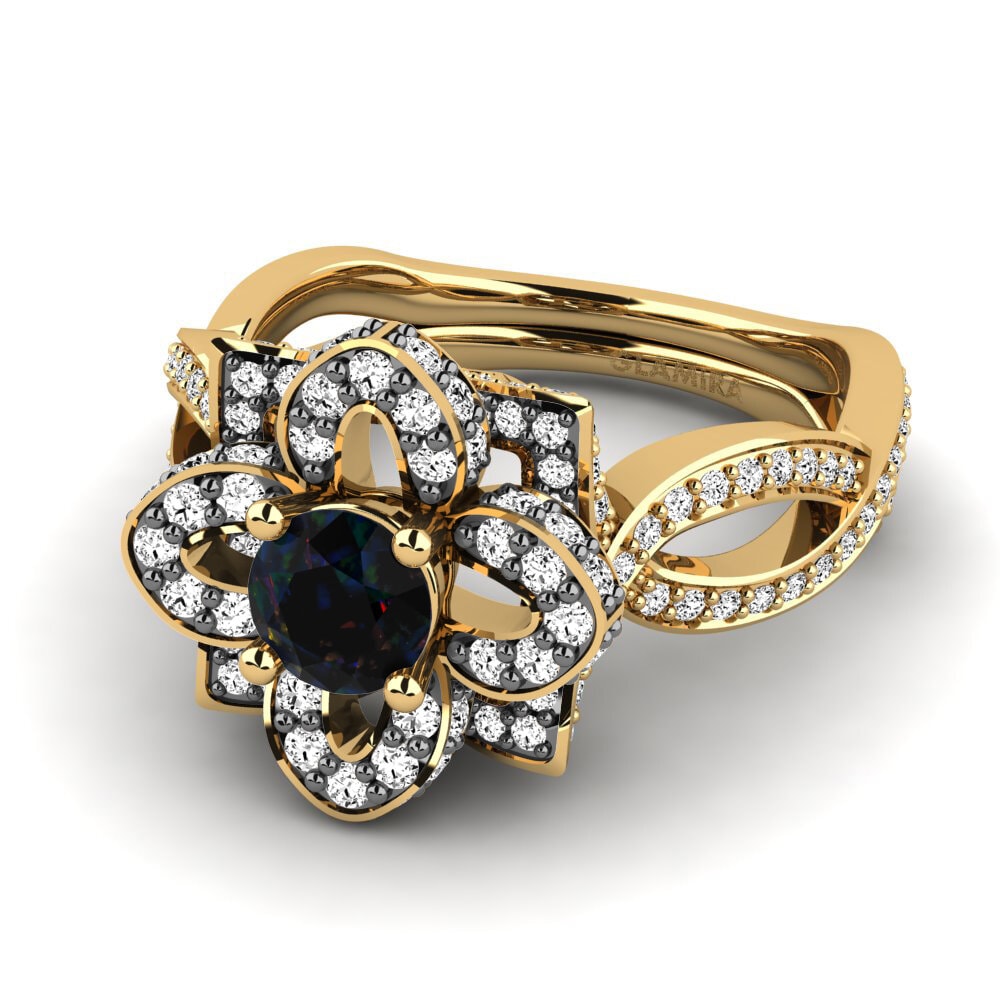 18k Oro Amarillo Opalo Negro Anillo de compromiso Essie