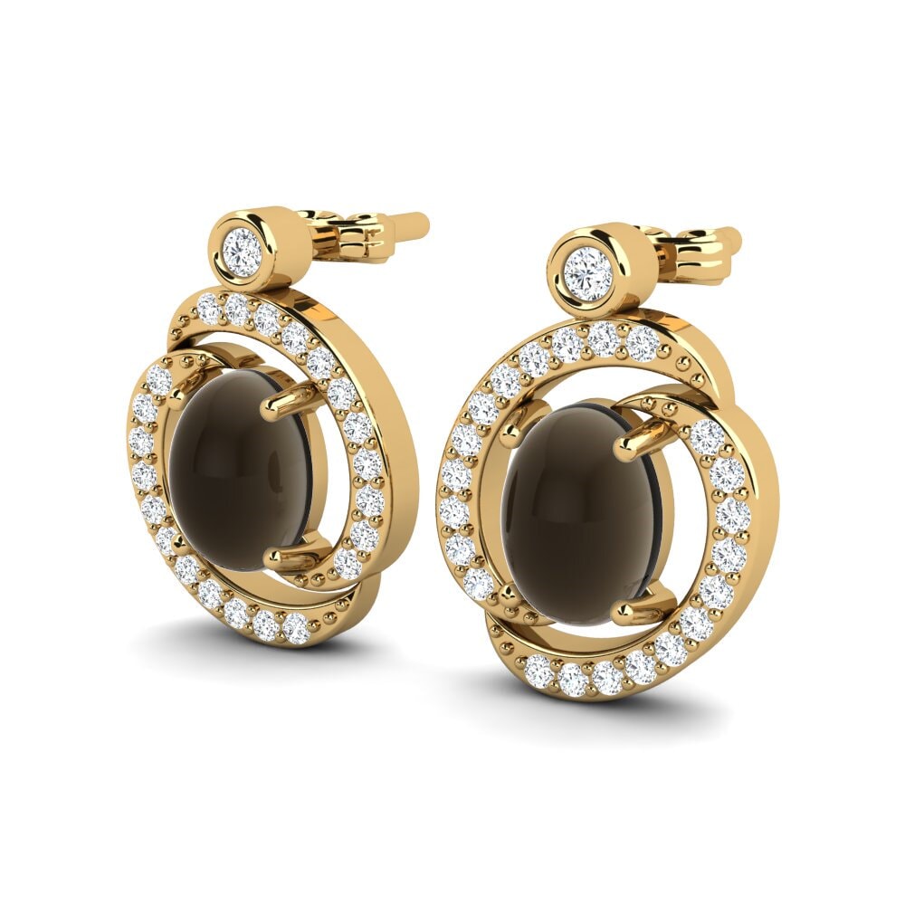 14ct Yellow Gold Cabochon Smoky Topaz Women's Earring Etania