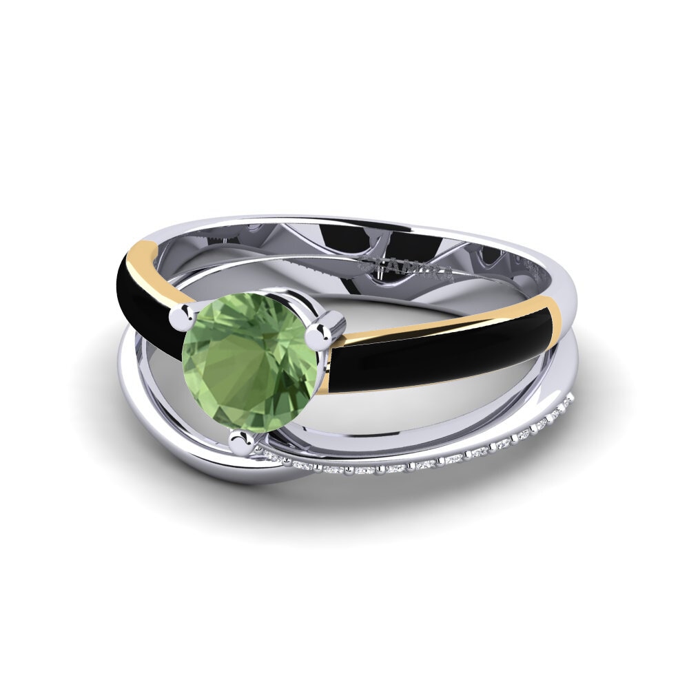 14k Oro Blanco & Amarillo Zafiro Verde Anillo de compromiso Everg