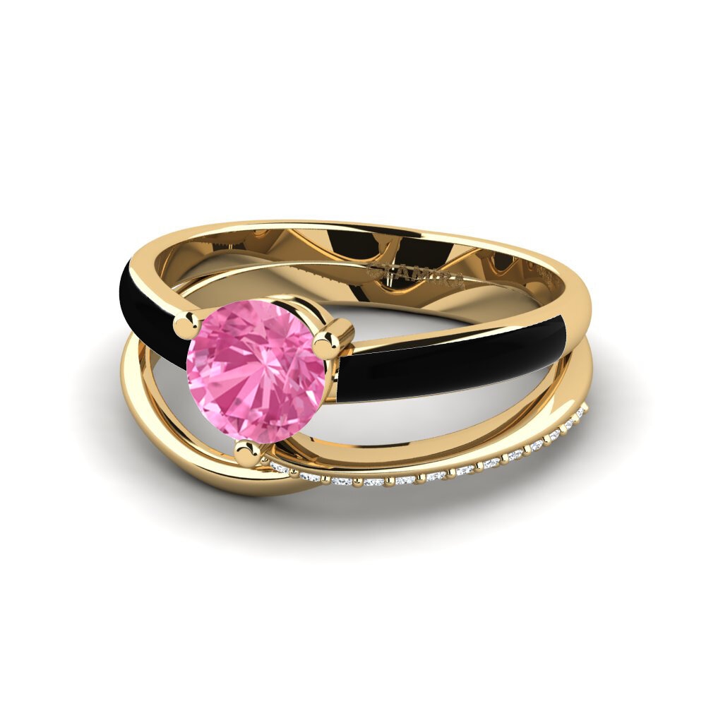 Bagues Or Jaune 14k Saphir Rose Solitaire Pavé