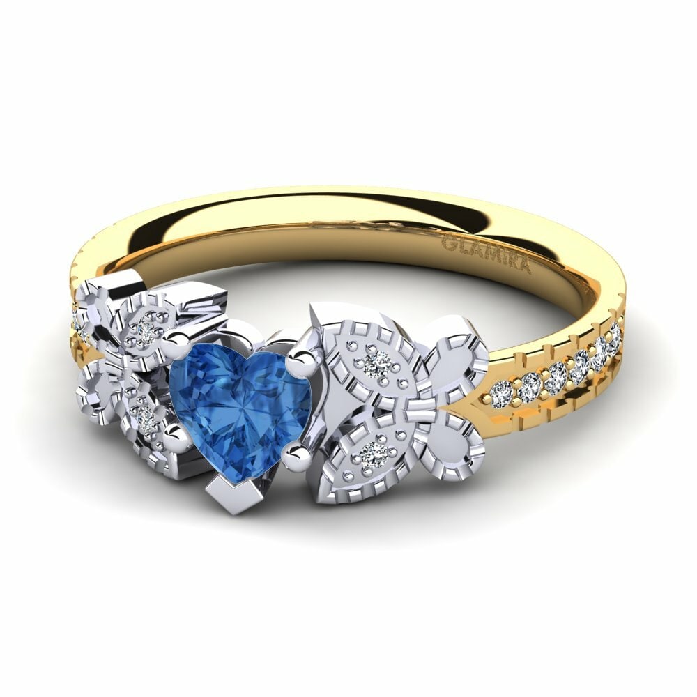 Bagues Or Jaune & Blanc 18k Zircone Bleu Foncé Vintage
