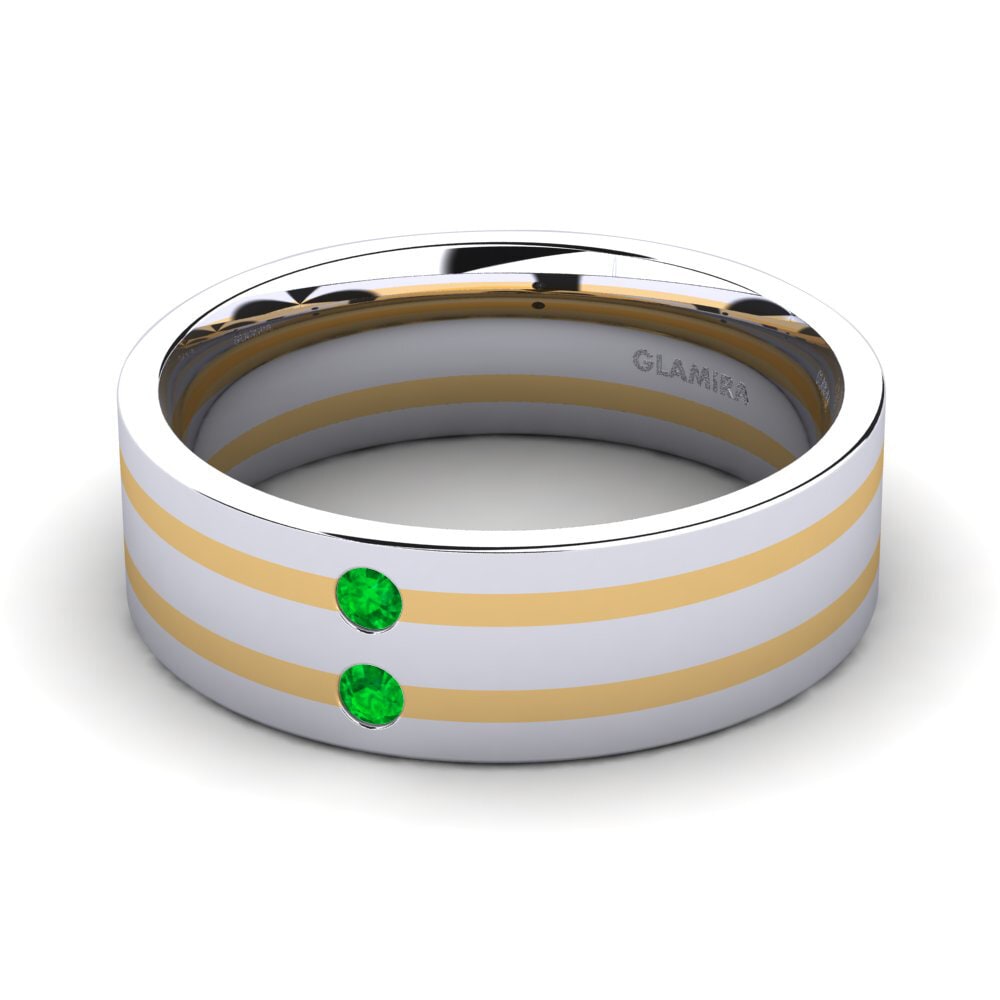 14k Oro Blanco & Amarillo Esmeralda Anillo de Hombre Fine Tune