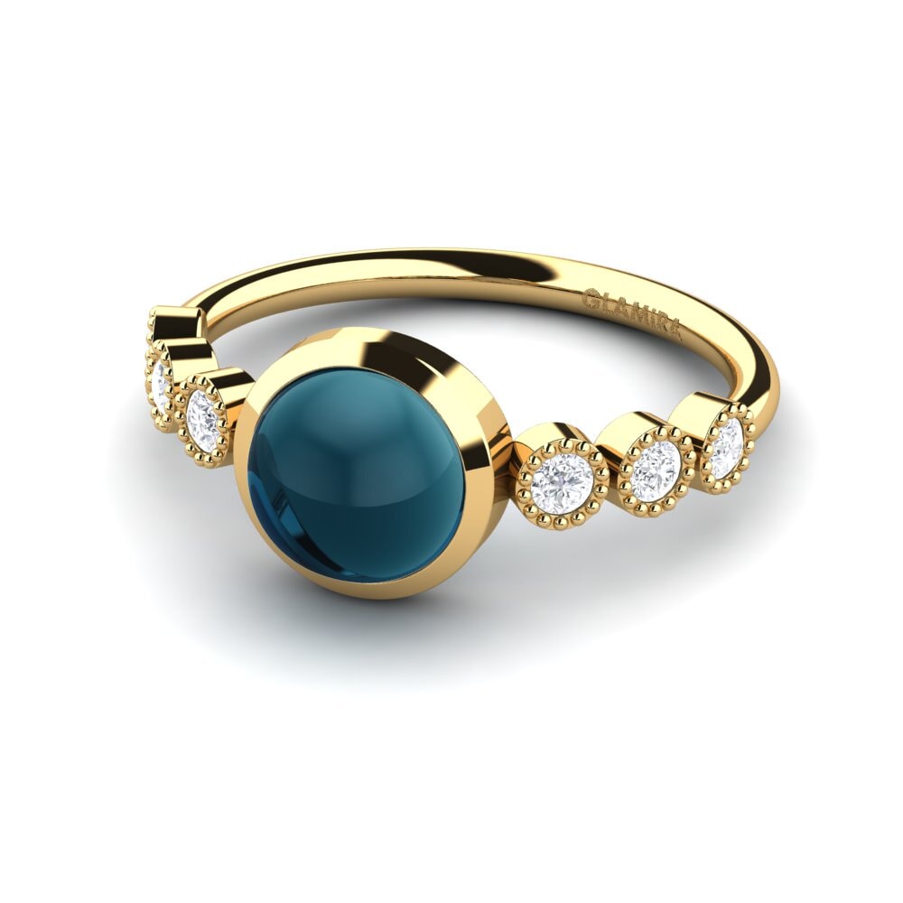 14K Geel Goud Cabochon Blauwe London Topaas Ringen Franisbel
