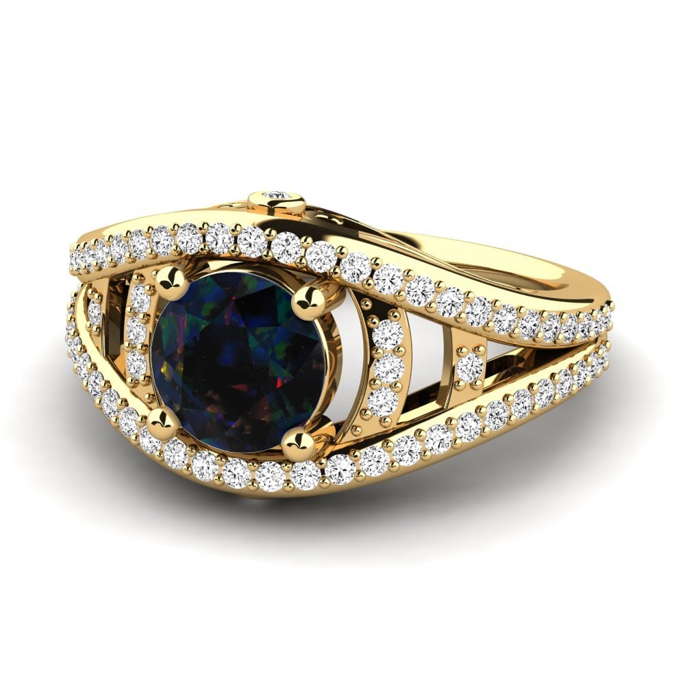 18k Oro Amarillo Opalo Negro Anillo de compromiso Garland