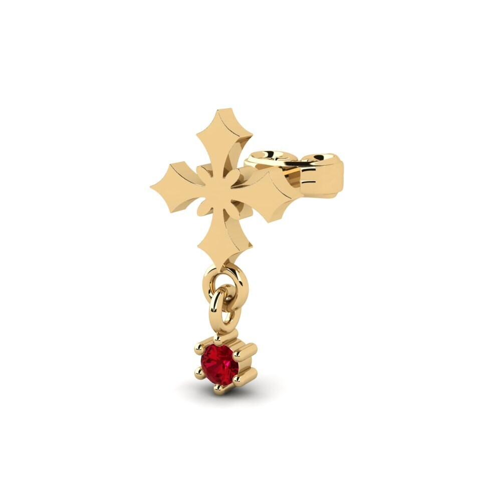 18ct Yellow Gold Red Zirconia Men's Earring Hafe
