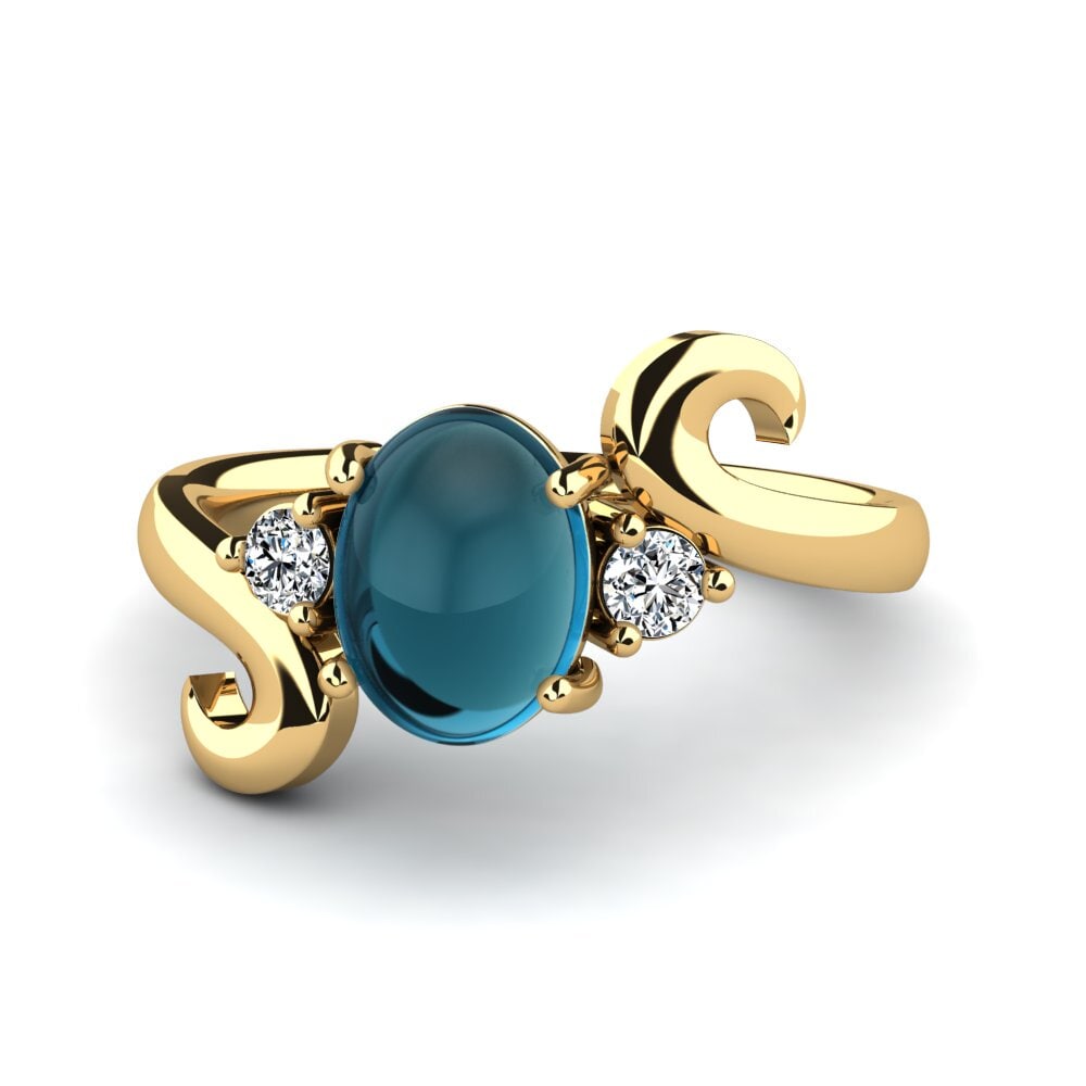 14K Geel Goud Cabochon Blauwe London Topaas Ringen Halyna