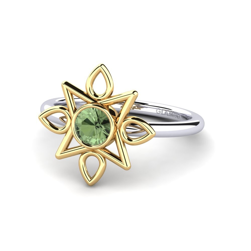 14k Oro Blanco & Amarillo Zafiro Verde Anillo de compromiso Harken