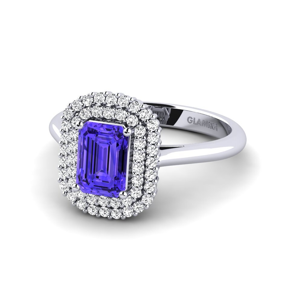14ct White Gold Emerald Cut Tanzanite Engagement Ring Hobnailed
