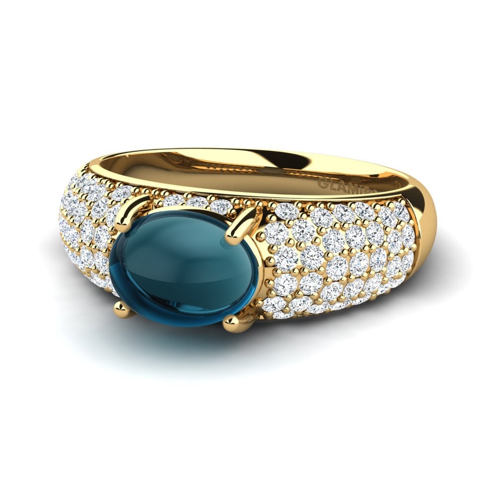 14K Geel Goud Cabochon Blauwe London Topaas Ringen Imelda