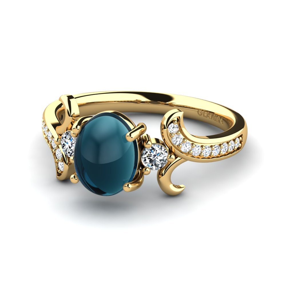 14K Geel Goud Cabochon Blauwe London Topaas Ringen Isabelita