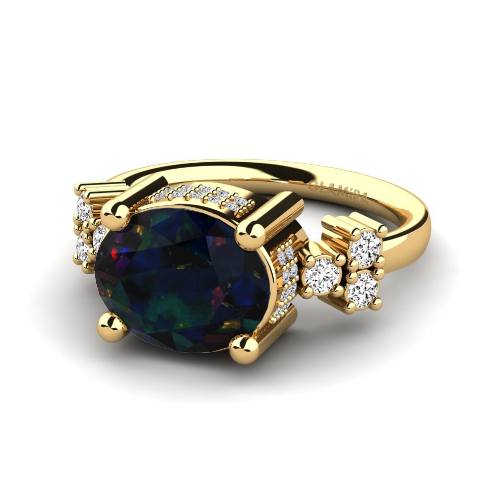 18k Oro Amarillo Opalo Negro Anillo de compromiso Jemelia