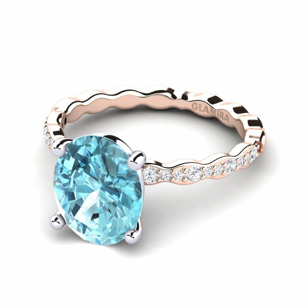 Bagues Or Rose& Blanc 18k Zircon Bleu Solitaire Pavé