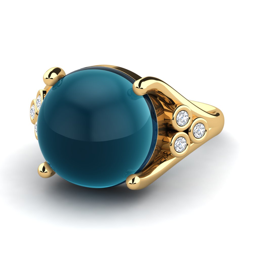 14K Geel Goud Cabochon Blauwe London Topaas Ringen Kahlia