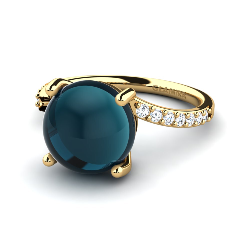 14K Geel Goud Cabochon Blauwe London Topaas Ringen Kenia