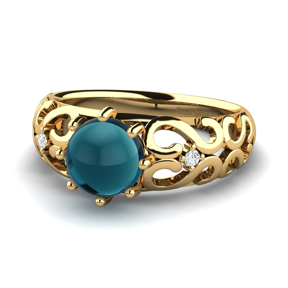14K Geel Goud Cabochon Blauwe London Topaas Ringen Landra