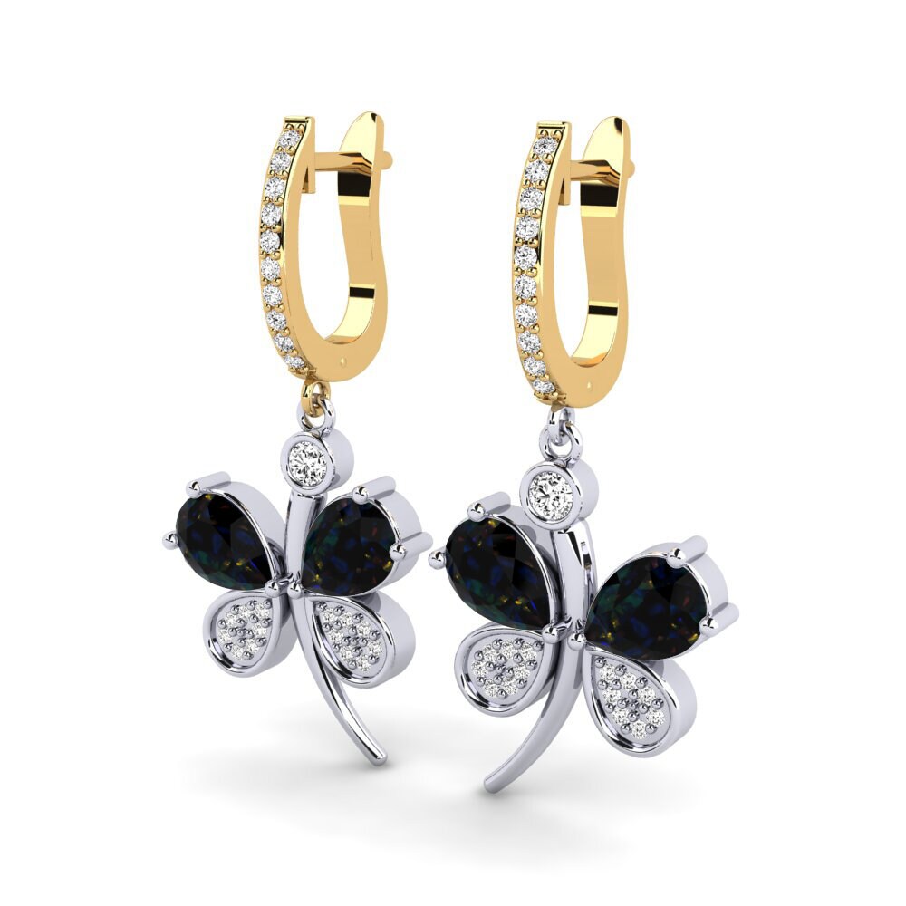 14k Oro Blanco & Amarillo Opalo Negro Pendiente de mujer Libellule