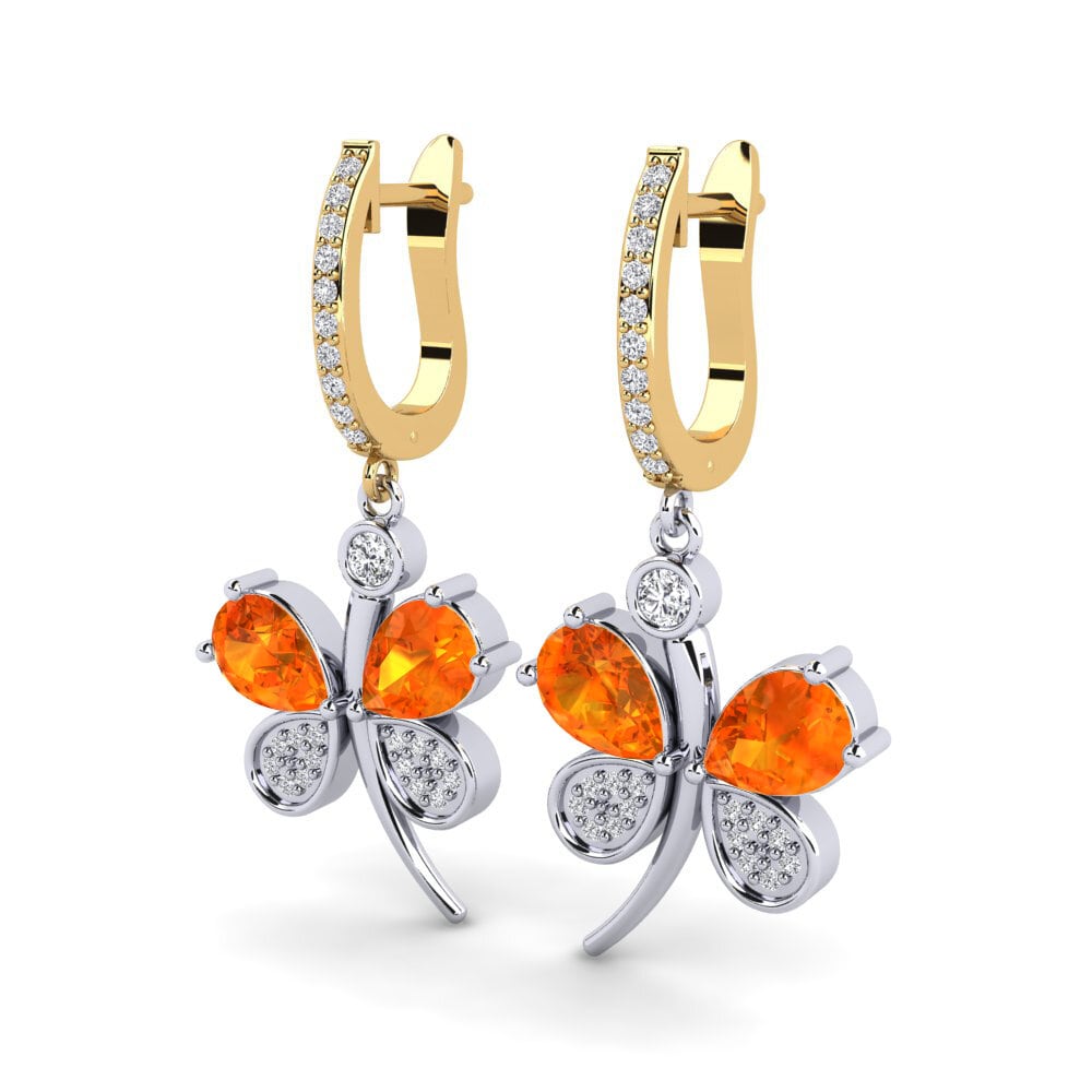 14ct White / Yellow Gold Orange Sapphire Women's Earring Libellule