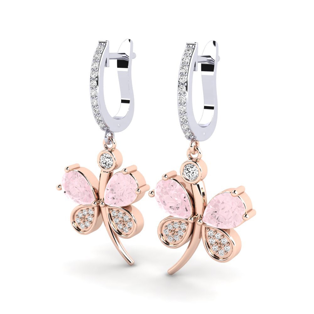 9k Oro Rosa & Blanco Cuarzo rosa Pendiente de mujer Libellule