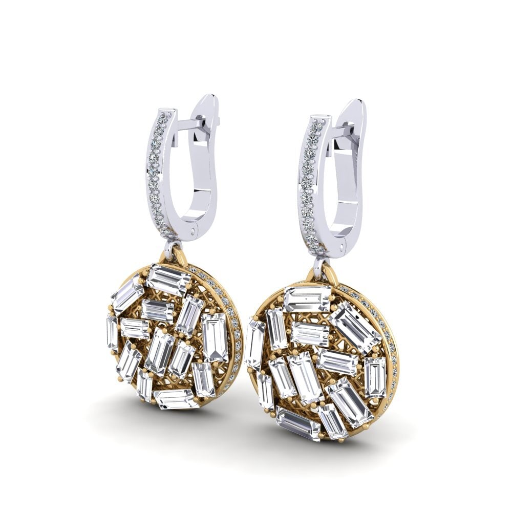 14k Oro Blanco & Amarillo Baguette Pendiente de mujer Loustic