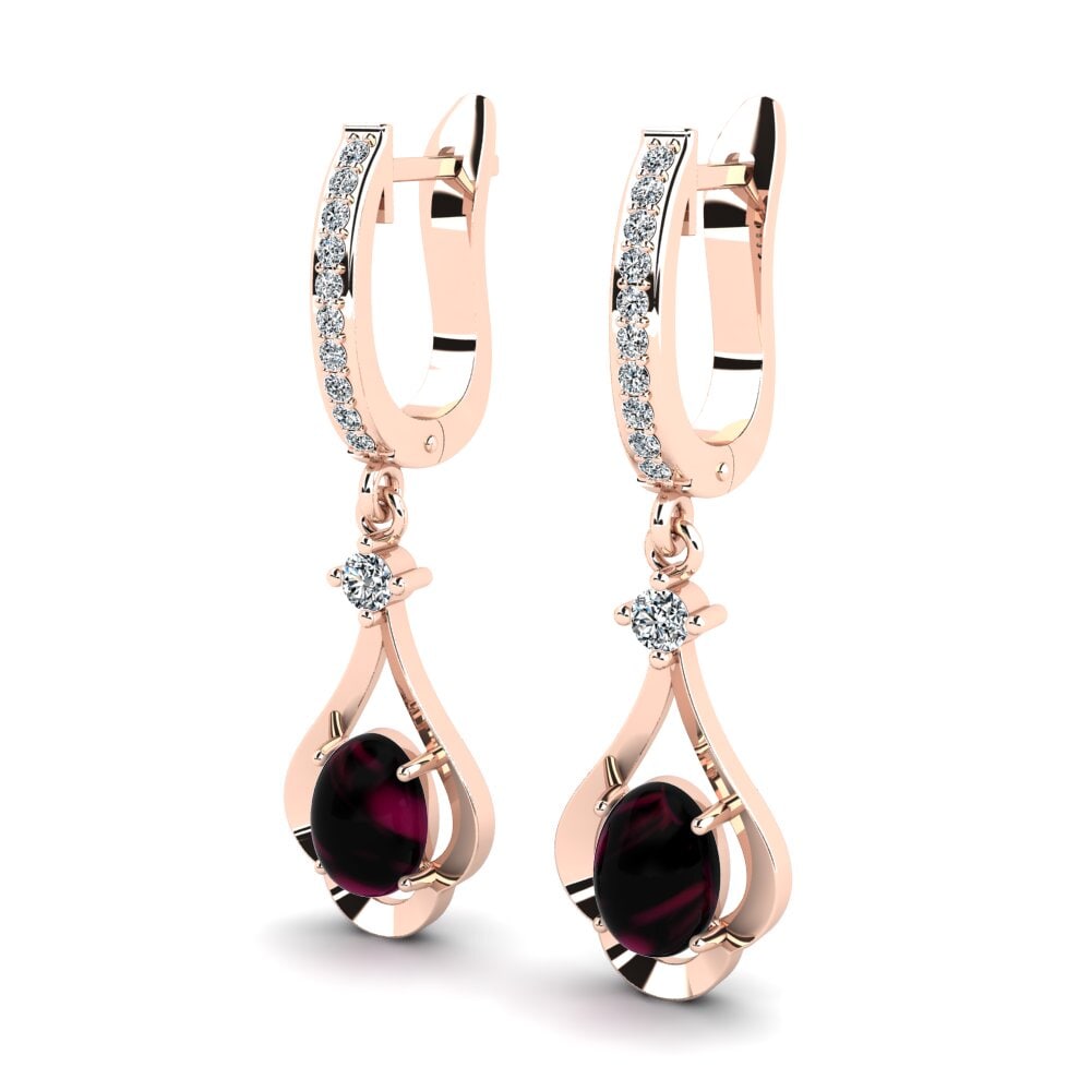 18k Oro Rosa Granate Rhodolite Cabujón Pendiente de mujer Lunette