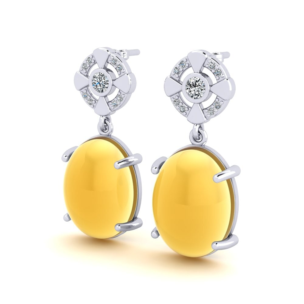 18k Oro Blanco Citrino Cabujón Pendiente de mujer Matsimela