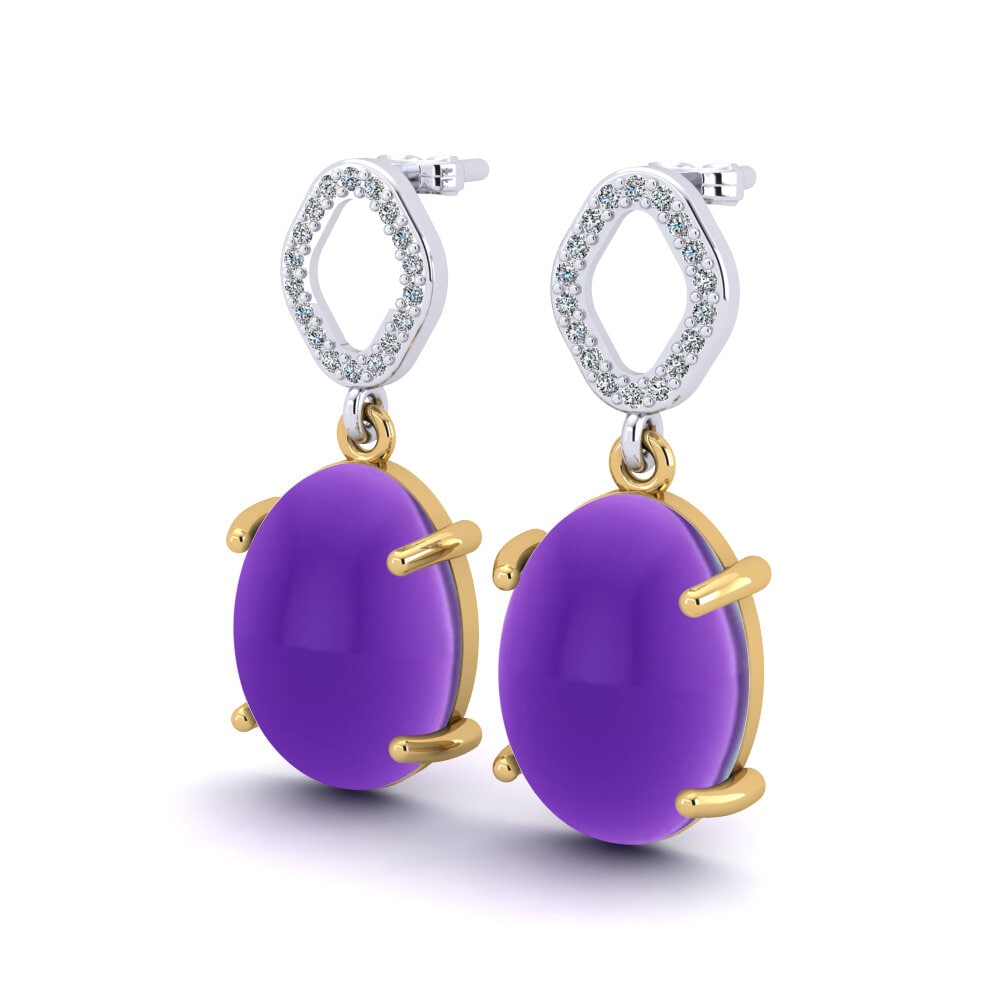 14ct Yellow / White Gold Cabochon Oval Women's Earring Meantuna