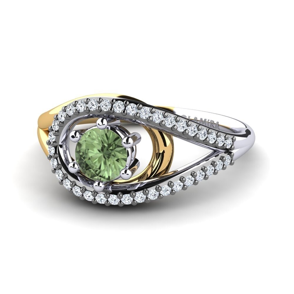 14k Oro Blanco & Amarillo Zafiro Verde Anillo de compromiso Mei