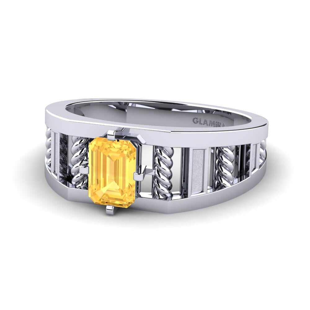 14k Oro Blanco Citrino Anillo de Hombre Motivo